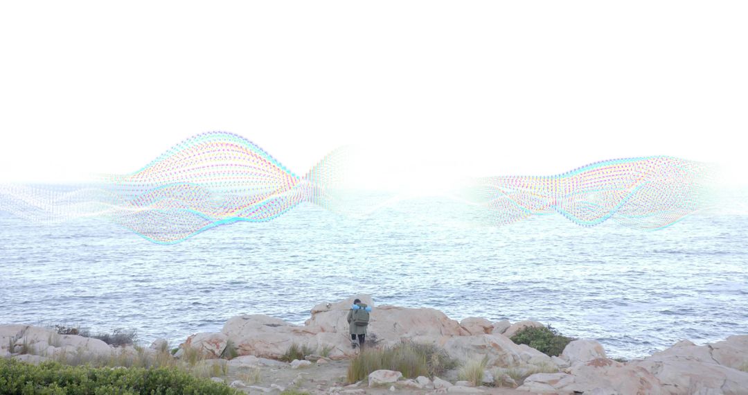 Person Observing Ocean Waves with Ethereal Wave Overlay at Rocky Shore