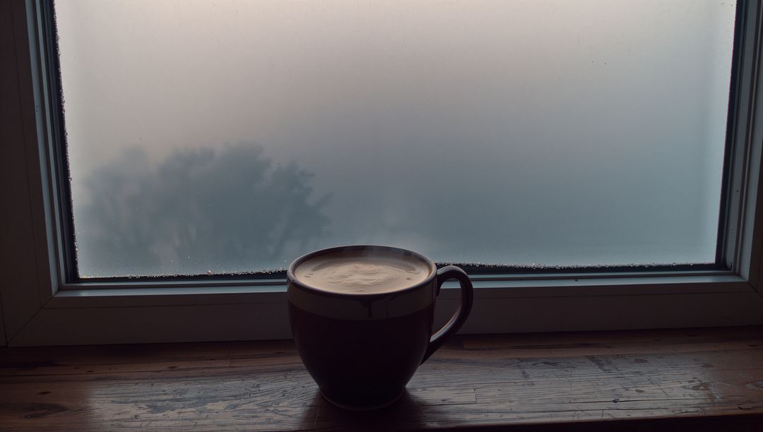 Cozy Coffee Mug on Foggy Window Sill in Calm Morning Atmosphere