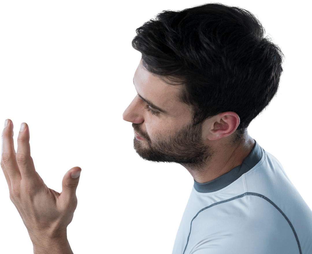 Transparent Man Gesturing with Frustrated Expression