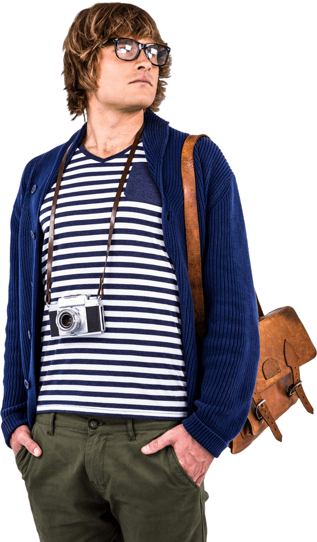 Thoughtful Hipster in Stripes with Vintage Camera and Leather Backpack