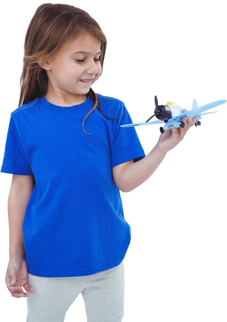 Girl Joyfully Holding Toy Airplane on Transparent Background
