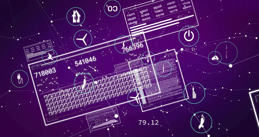 Futuristic Digital Interface with Grid and Icons on Purple Background