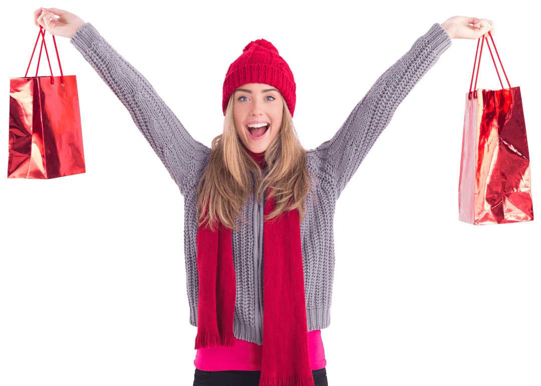 Cheerful Woman Holding Red Bags on Transparent Background