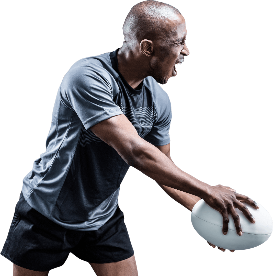 Aggressive African American Rugby Player in Action Transparent Background