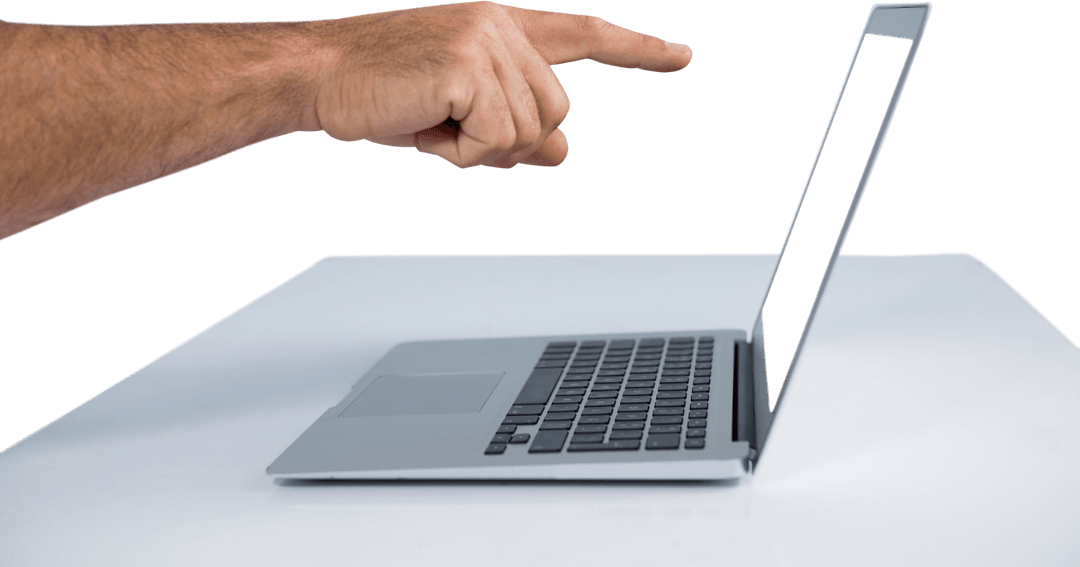 Transparent Arm and Finger Pointing at Open Laptop Screen