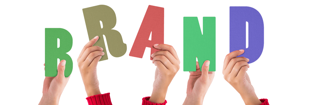 Hands Holding Colorful Brand Letters on Transparent Background