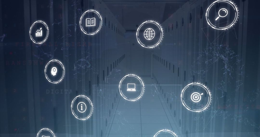 High-tech Symbols Overlaying Modern Data Center Rows
