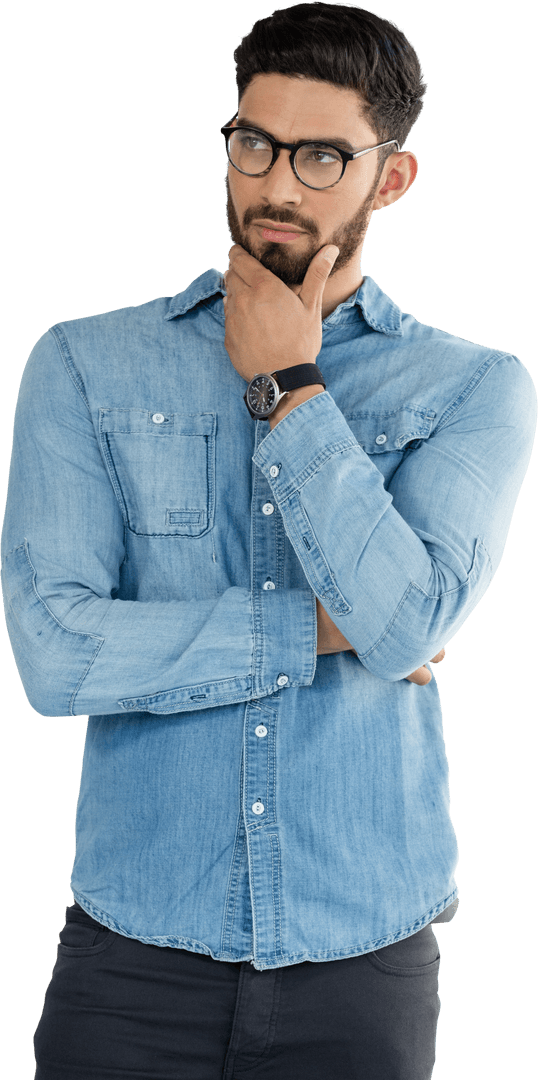 Thoughtful Biracial Man Wearing Stylish Glasses on Transparent Background
