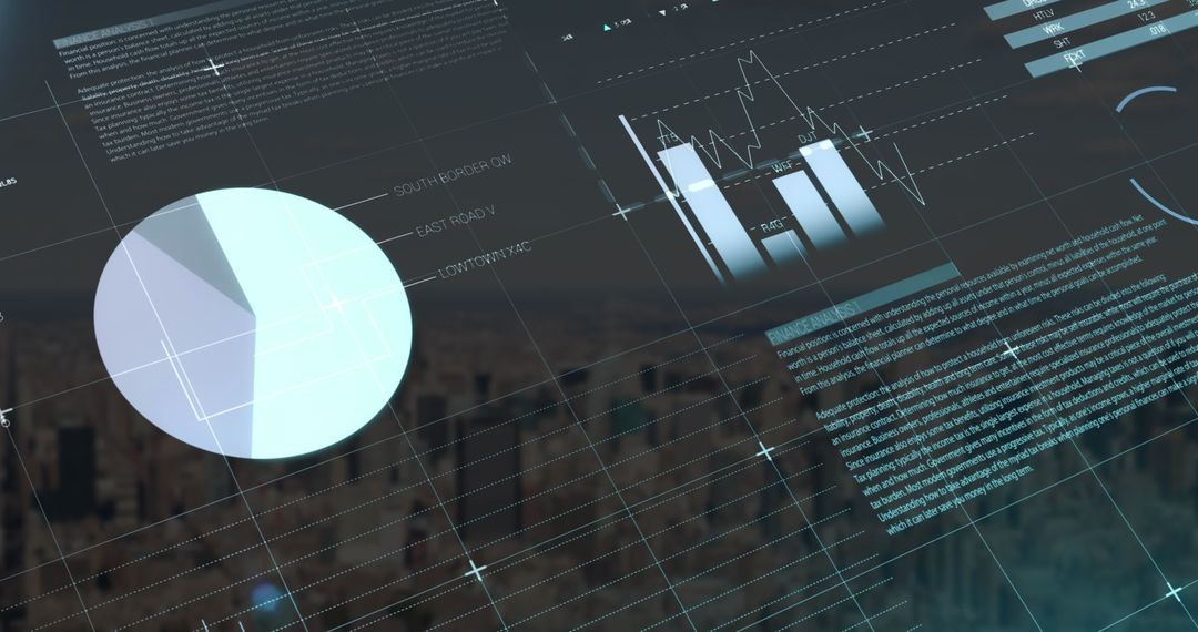 Digital Interface Infographic on Cityscape Background