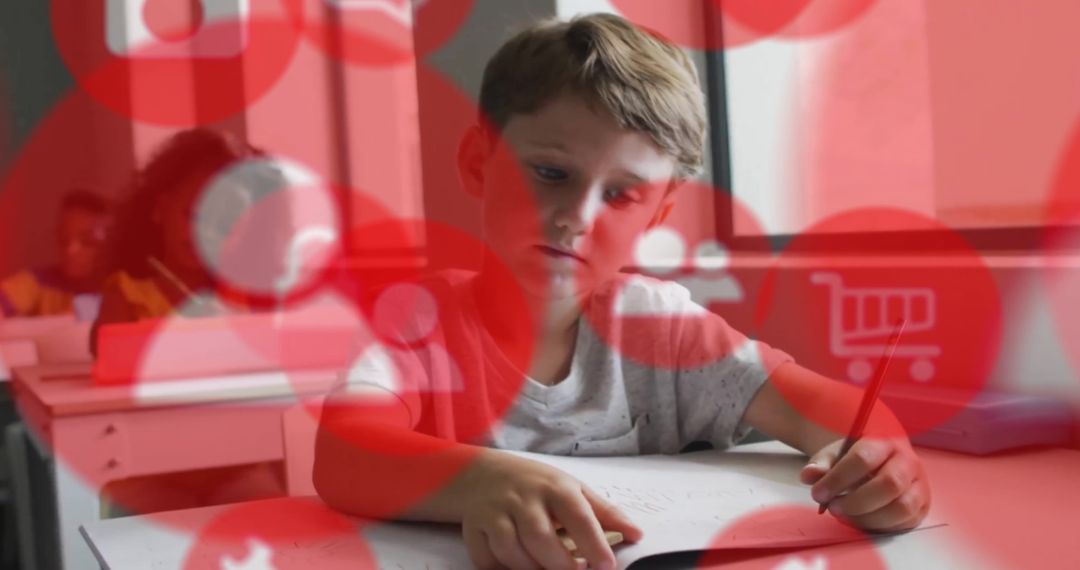 Child Surrounded by Technology Icons in Classroom
