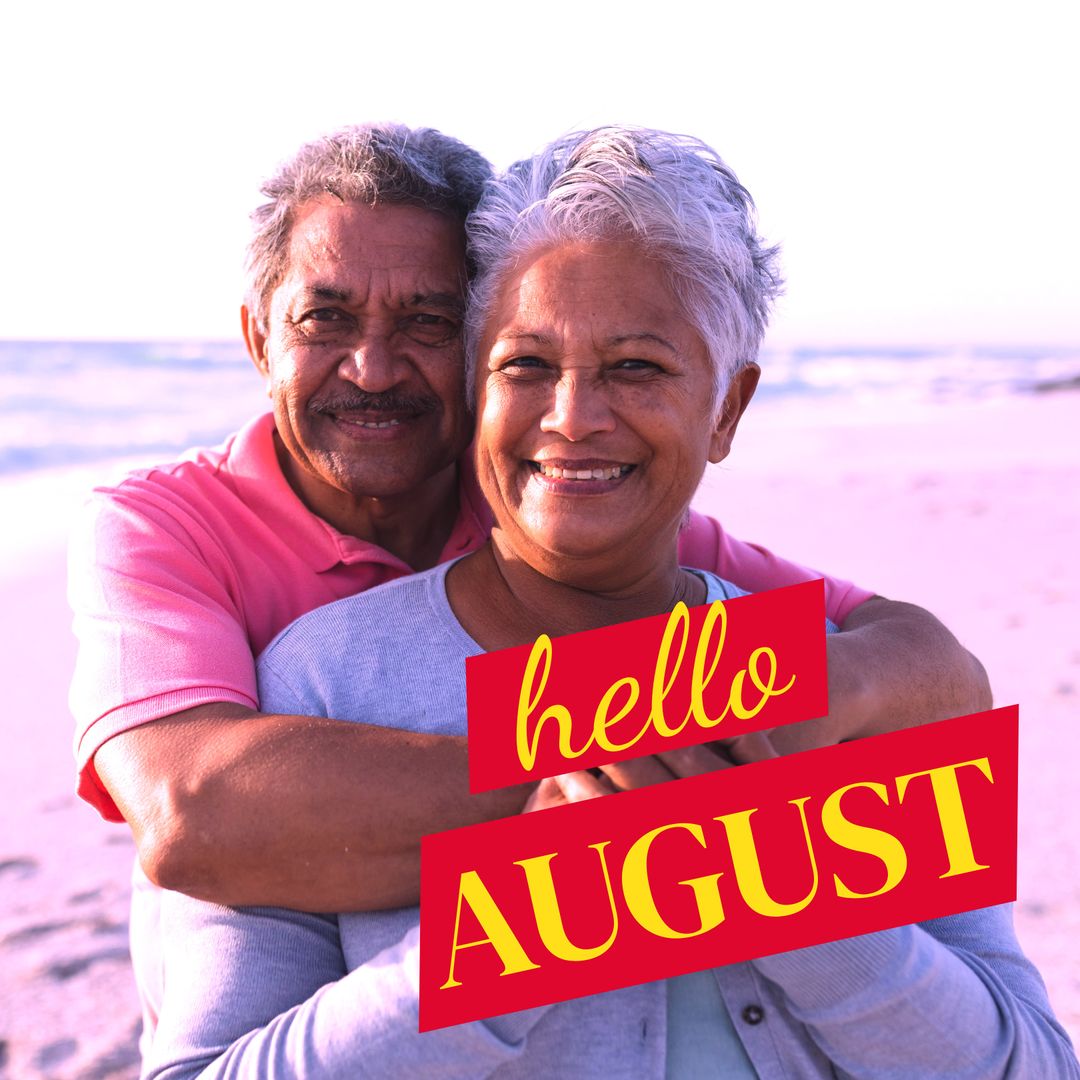 Happy Senior Couple Embracing on a Beach in August