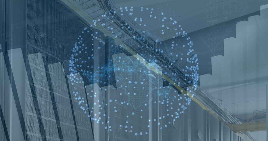 Abstract Globe and Data Overlay on High-Tech Server Room