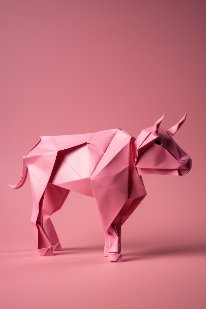 Close up of pink origami figure of bull, created using generative ai technology - Free Images, Stock Photos and Pictures on Pikwizard.com