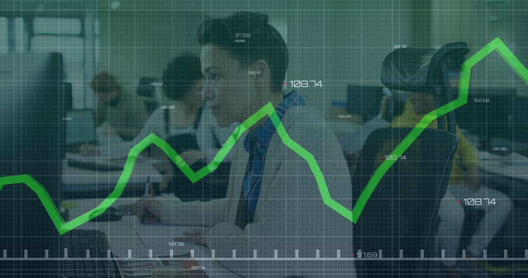Businesswoman Analyzing Financial Data with Graph Overlay Technology