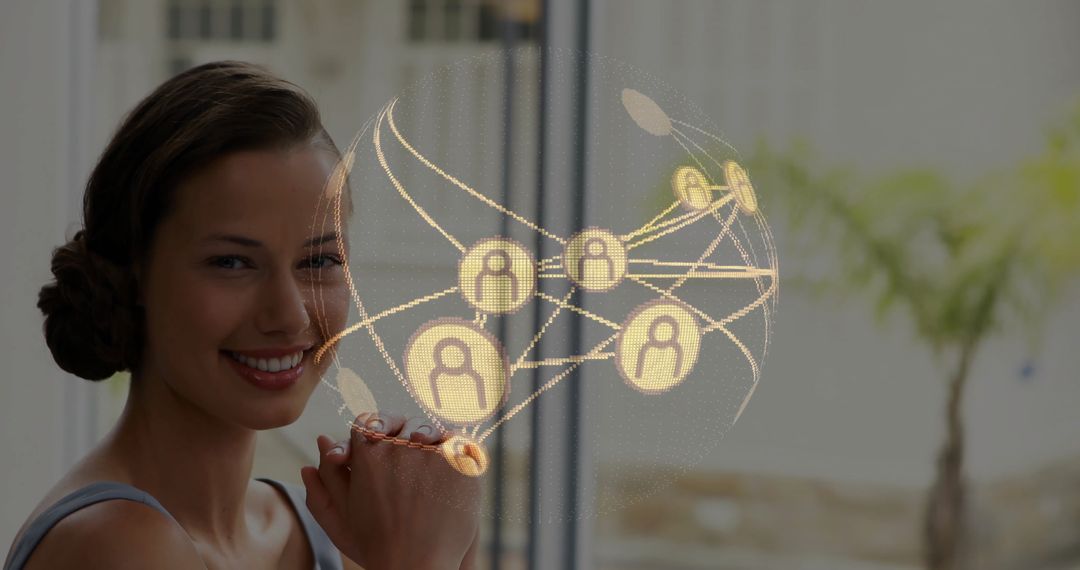 Smiling Businesswoman Interacting with Digital Network Connections
