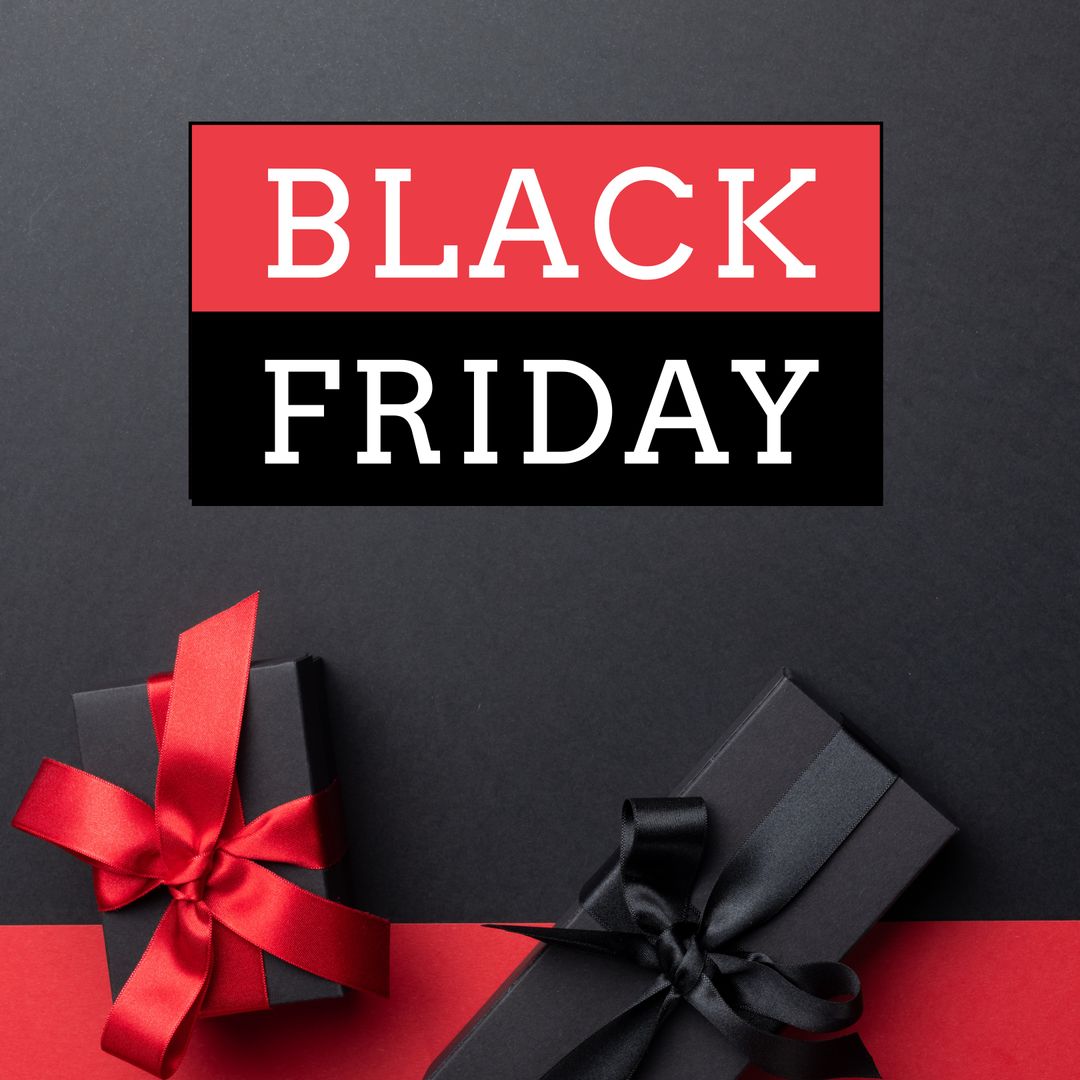 Black Friday Gifts Wrapped with Ribbons on Bold Background