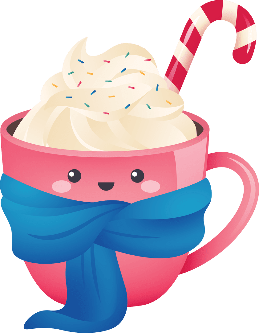 Whimsical Hot Chocolate Mug with Candy Cane on Transparent Background