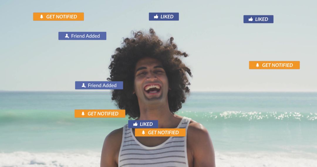 Man on Beach with Social Media Notification Icons at Sunny Seaside