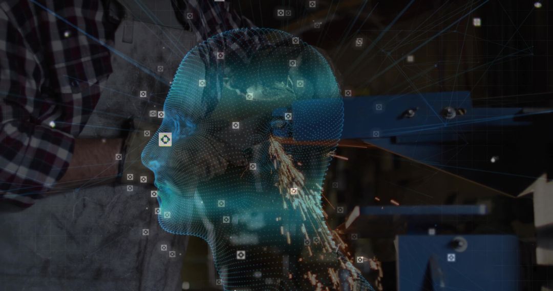 Cyan Holographic Head Overlaid on Metal Workshop with Sensor Grid and Welding Sparks