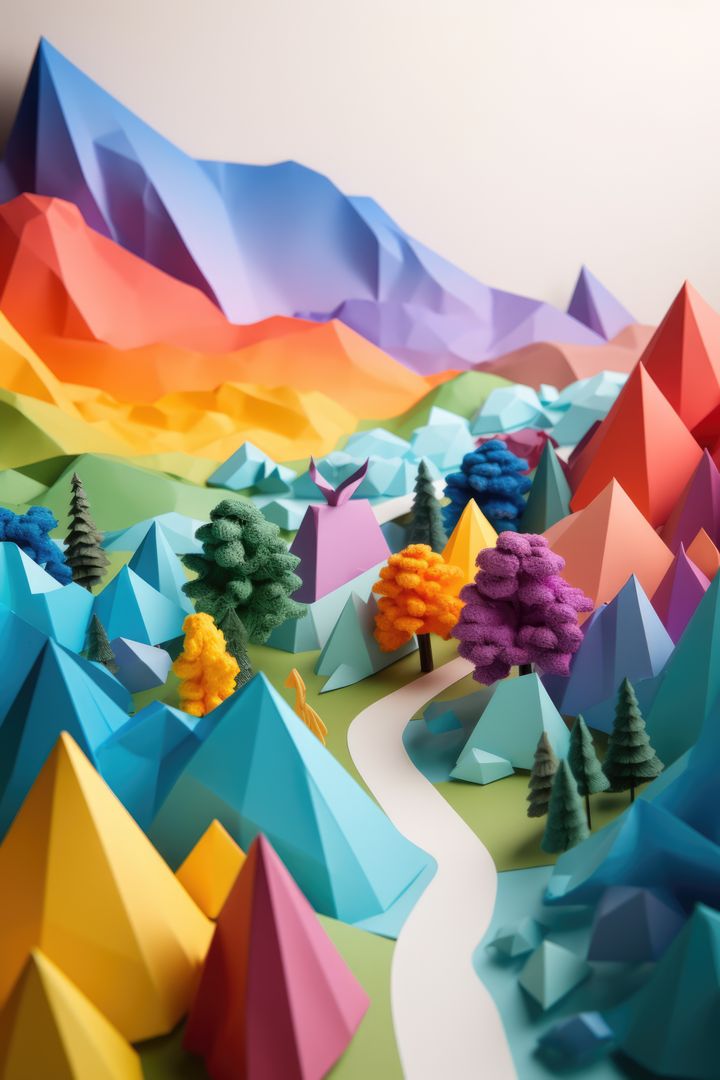 Rainbow origami landscape with trees and mountains, created using generative ai technology - Free Images, Stock Photos and Pictures on Pikwizard.com