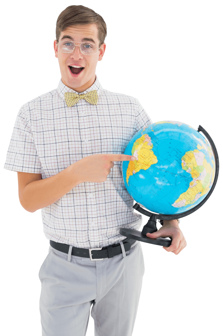 Transparent Geeky Hipster Holding Globe Smiling at Camera