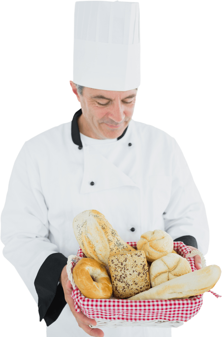 Chef Presenting Various Breads in Red Checkered Basket Transparent Background