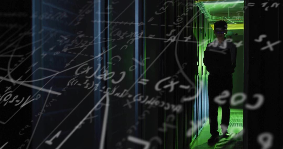 Engineer Walking Through Futuristic Server Room with Mathematical Overlay