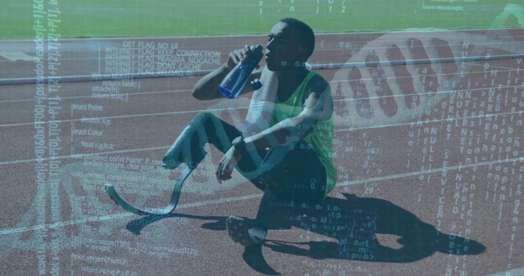 Athlete Resting on Track with Futuristic DNA Strand Overlay