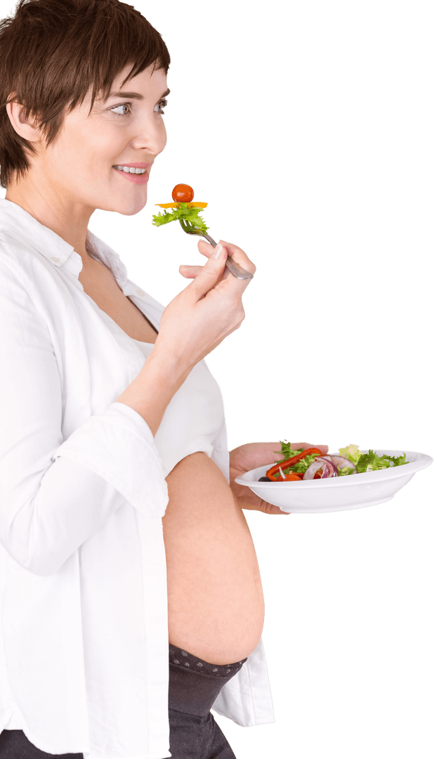 Transparent Smiling Pregnant Woman Enjoying Fresh Salad
