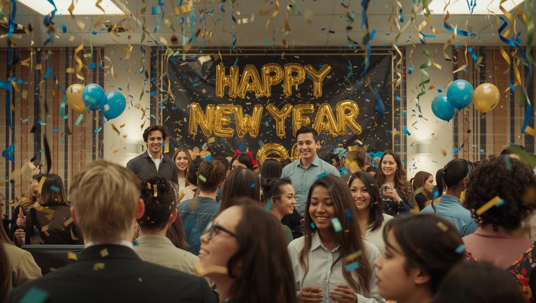 Corporate Team Celebrating New Year with Confetti and Balloons