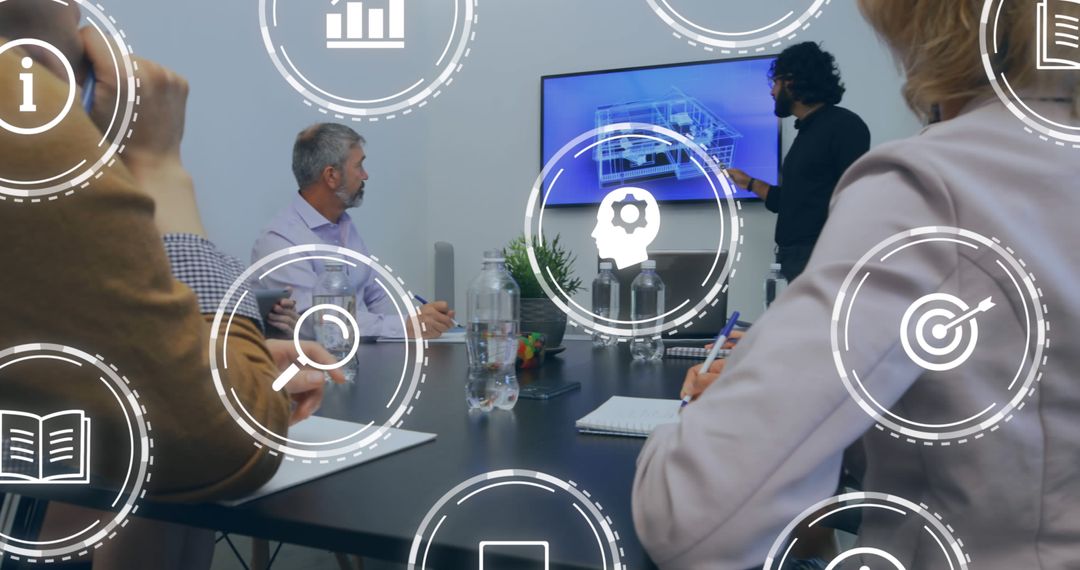 Diverse Team in High-Tech Meeting with Digital Data Overlays