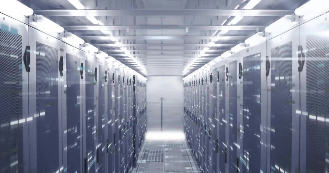 Modern Data Center Interior with Server Racks and LED Lighting