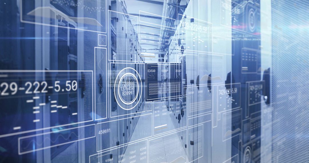 Futuristic server room with digital data processing interfaces