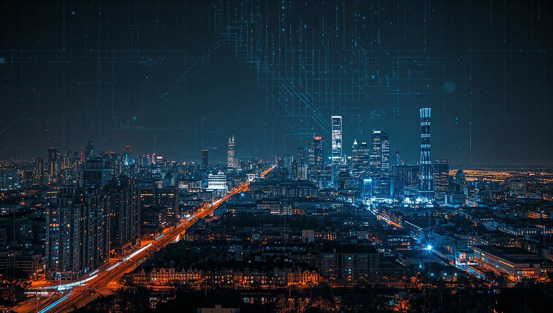 Neon Metropolis at Night with Supertall Towers, Boulevard Light Trails and Digital Grid