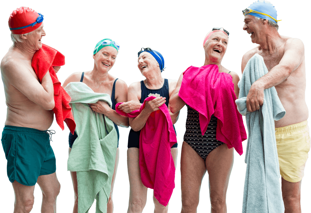 Cheerful Seniors Enjoying Swimming with Towels on Transparent Background