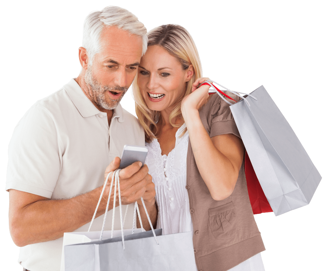 Caucasian Couple with Shopping Bags Using Smartphone on Transparent Background