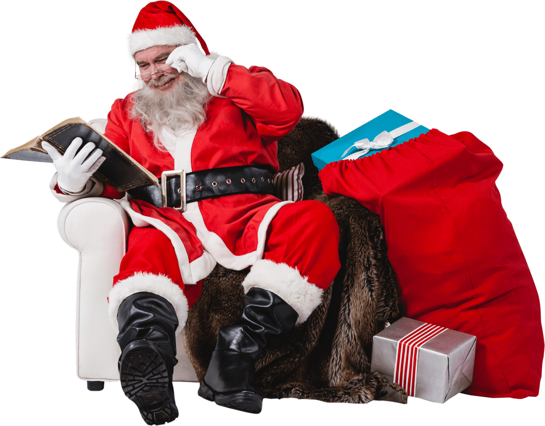 Transparent Santa Reading List with Presents by His Side