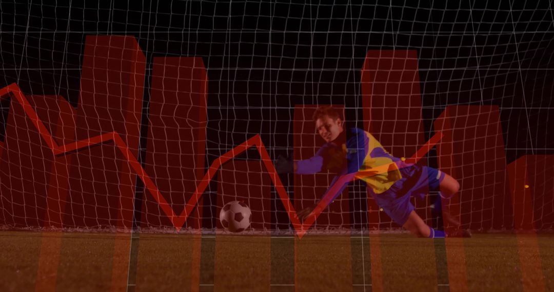 Goalkeeper Diving to Block Shot Under Data Analysis Overlay