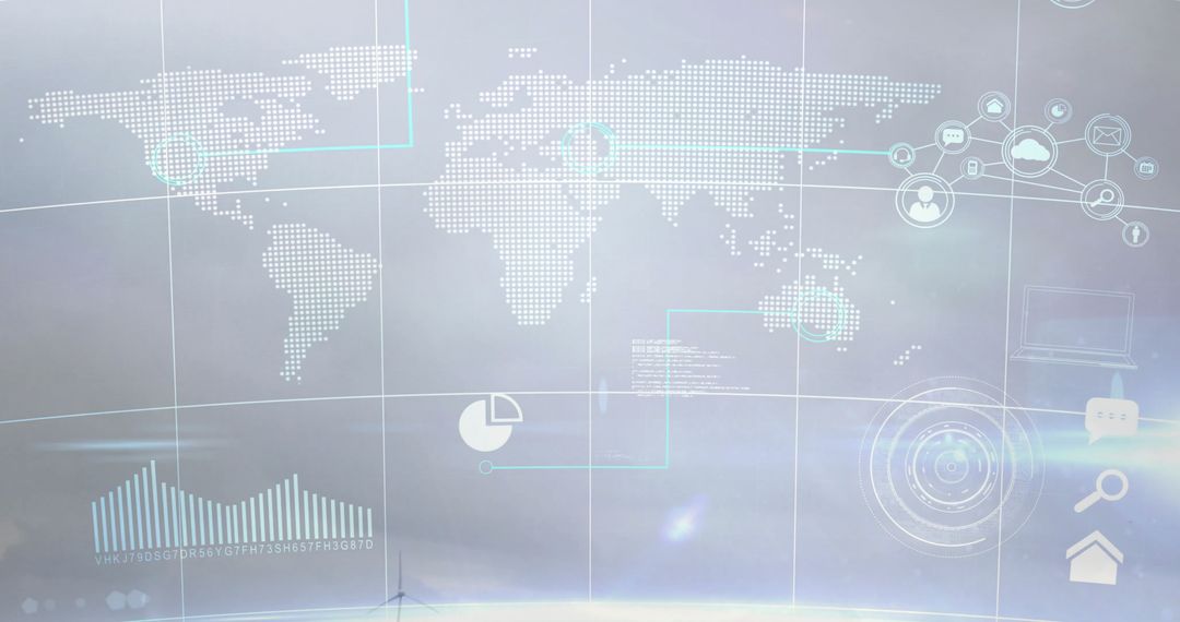 World Map Data Visualization Over Wind Turbines Background