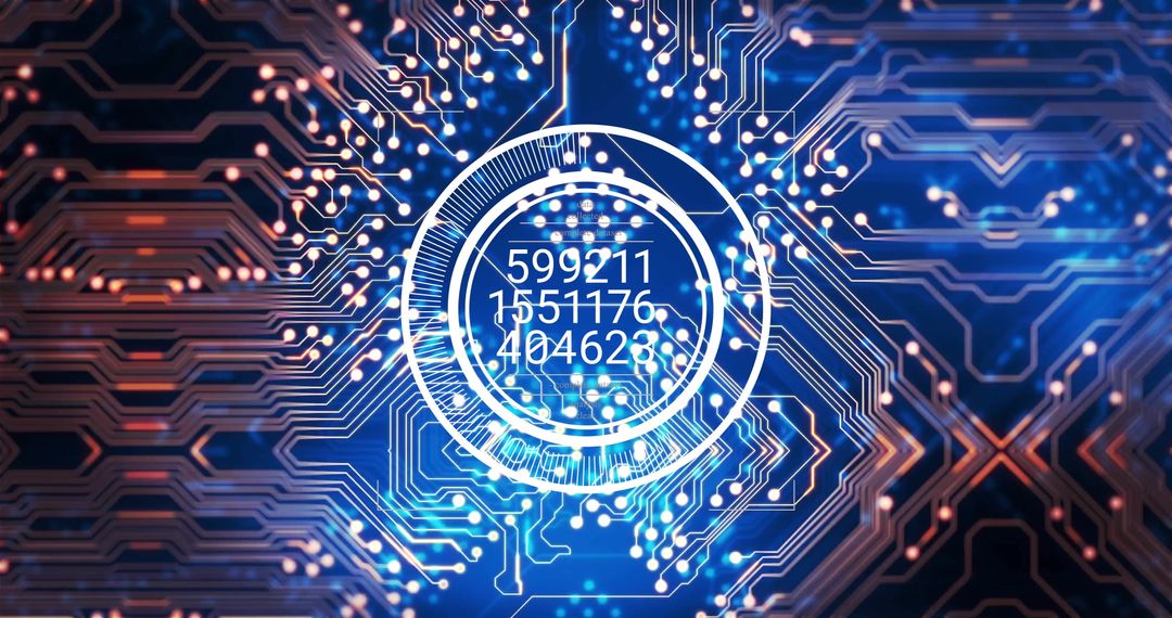Futuristic Circuit Board with Digital Flow and Numbers