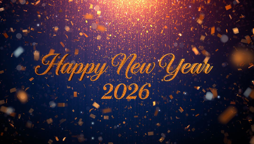 Happy New Year 2026 Gold Glitter Text Falling Confetti Sparkling Lights Celebration