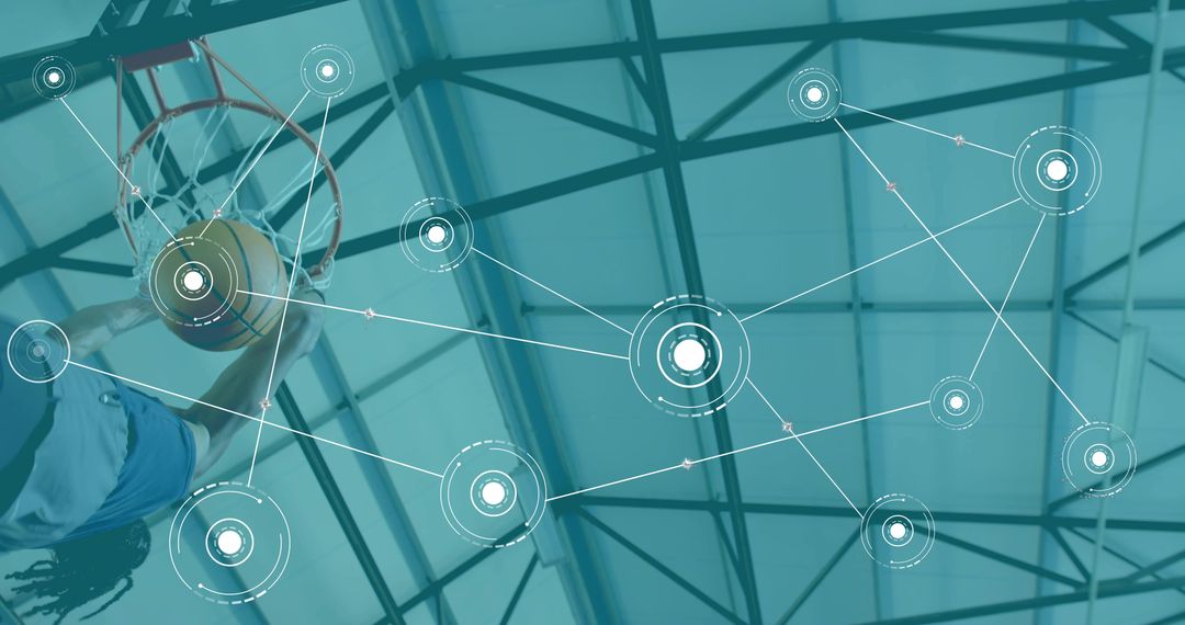 Leaping basketball player with braids dunking, sports analytics network overlay in arena