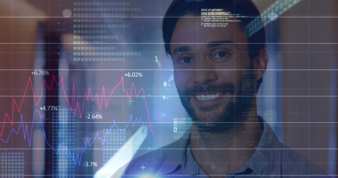 Smiling Businessman with Overlay of Financial Data Graphics