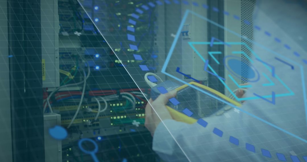 Engineer Working in Modern Server Room with Digital Interface