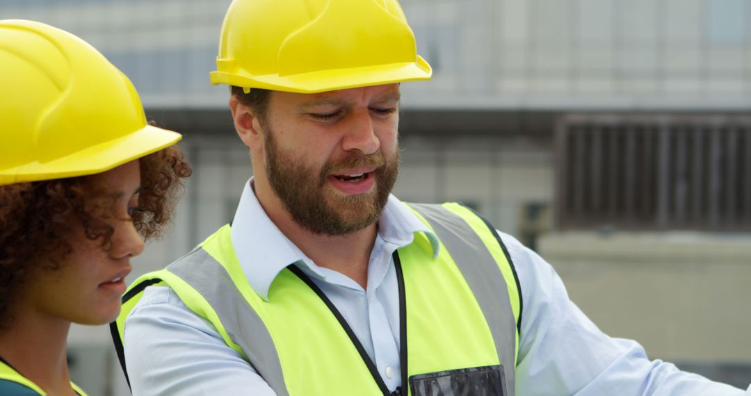 Construction Workers Discussing Project Plans on Site - Free Images, Stock Photos and Pictures on Pikwizard.com