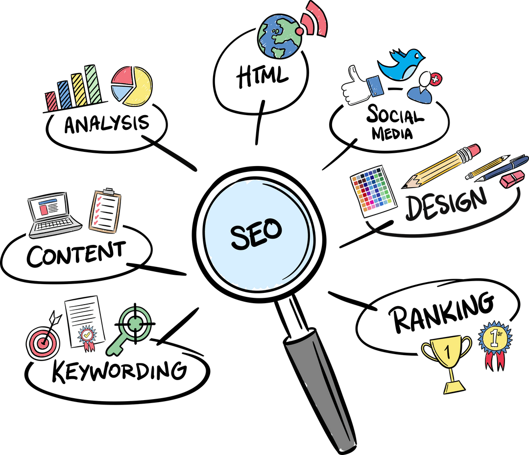 SEO Icons with Magnifying Glass on Transparent Background