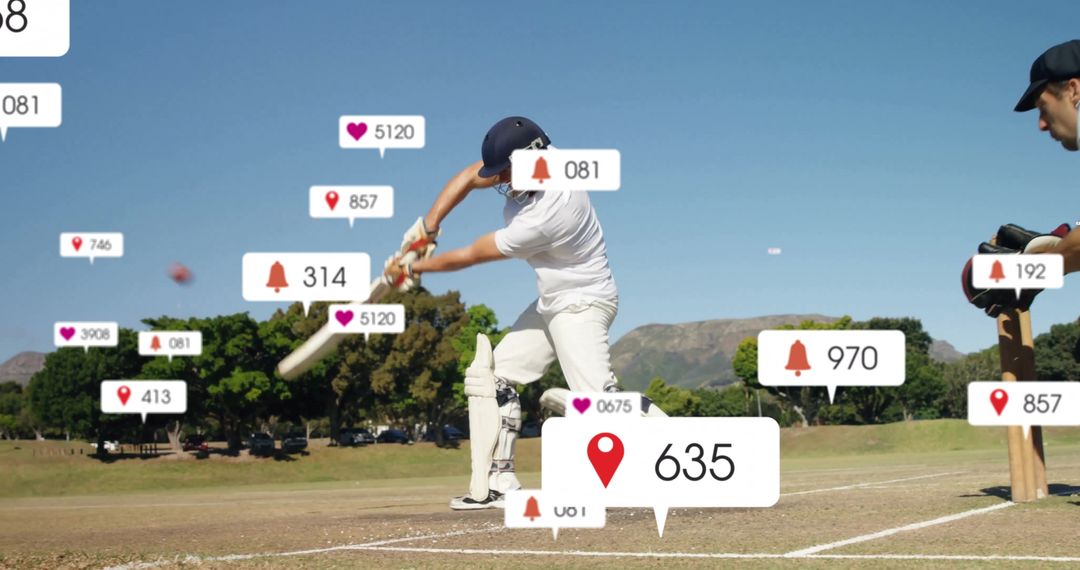 Cricketer in Swinging Action on Field with Social Media Icons Overlay