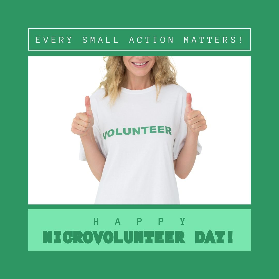 Composite of caucasian woman in volunteer t-shirt showing thumbs up and happy microvolunteer day - Download Free Stock Templates Pikwizard.com
