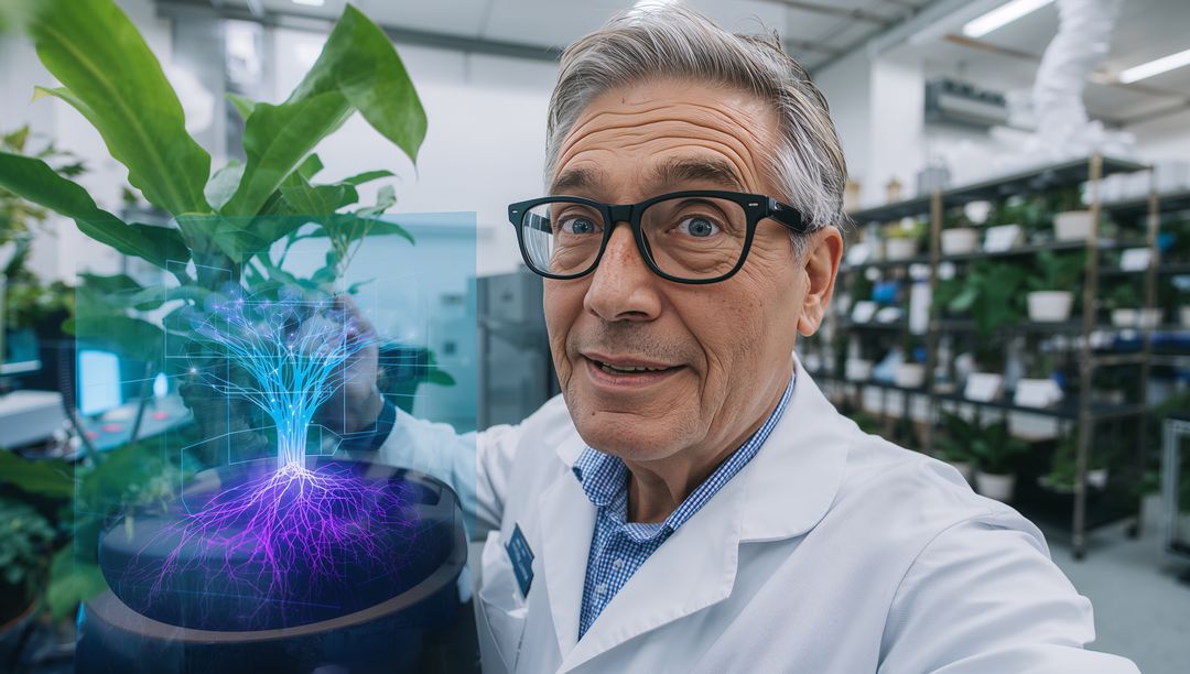 Senior Scientist Examining Glowing Root Hologram Over Potted Plant in High-Tech Laboratory
