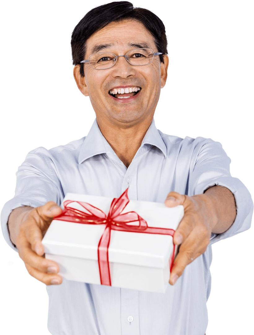 Cheerful Male Offering Gift Box with Red Ribbon on Transparent Background